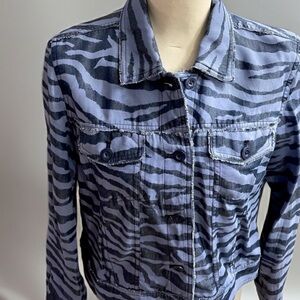 Tommy Bahama Blue Zebra Print Jacket Distressed Raw Edges Sz S